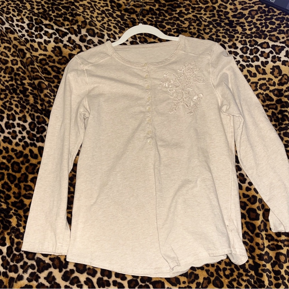 Tan long sleeve button up with flower design